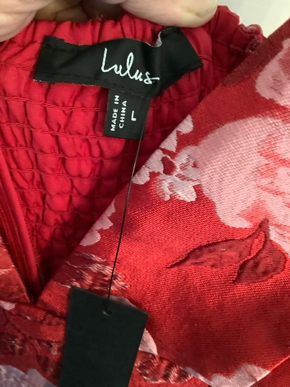 Lulu's Red and Light Pink Floral Jacquard Dress